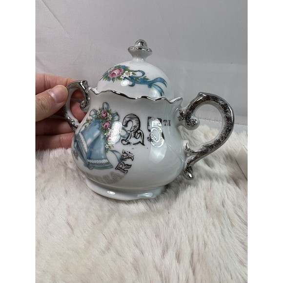Vtg Norcrest 25th Anniversary Sugar &Creamer Set AN-926 Blue Bells/silver Japan - Picture 7 of 8